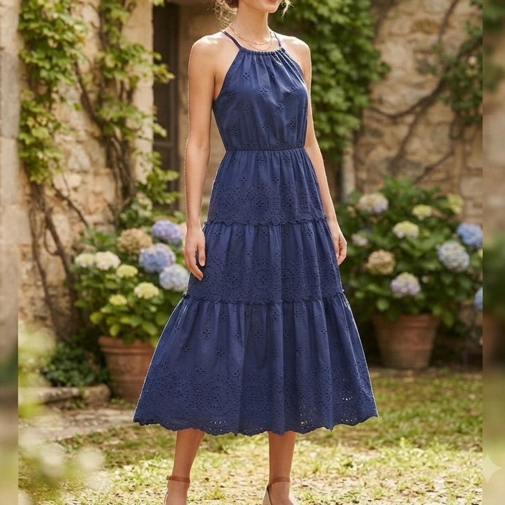 Design 365 Navy Blue‎ Cotton Eyelet Tiered Halter Midi Dress Scalloped Hem Boho